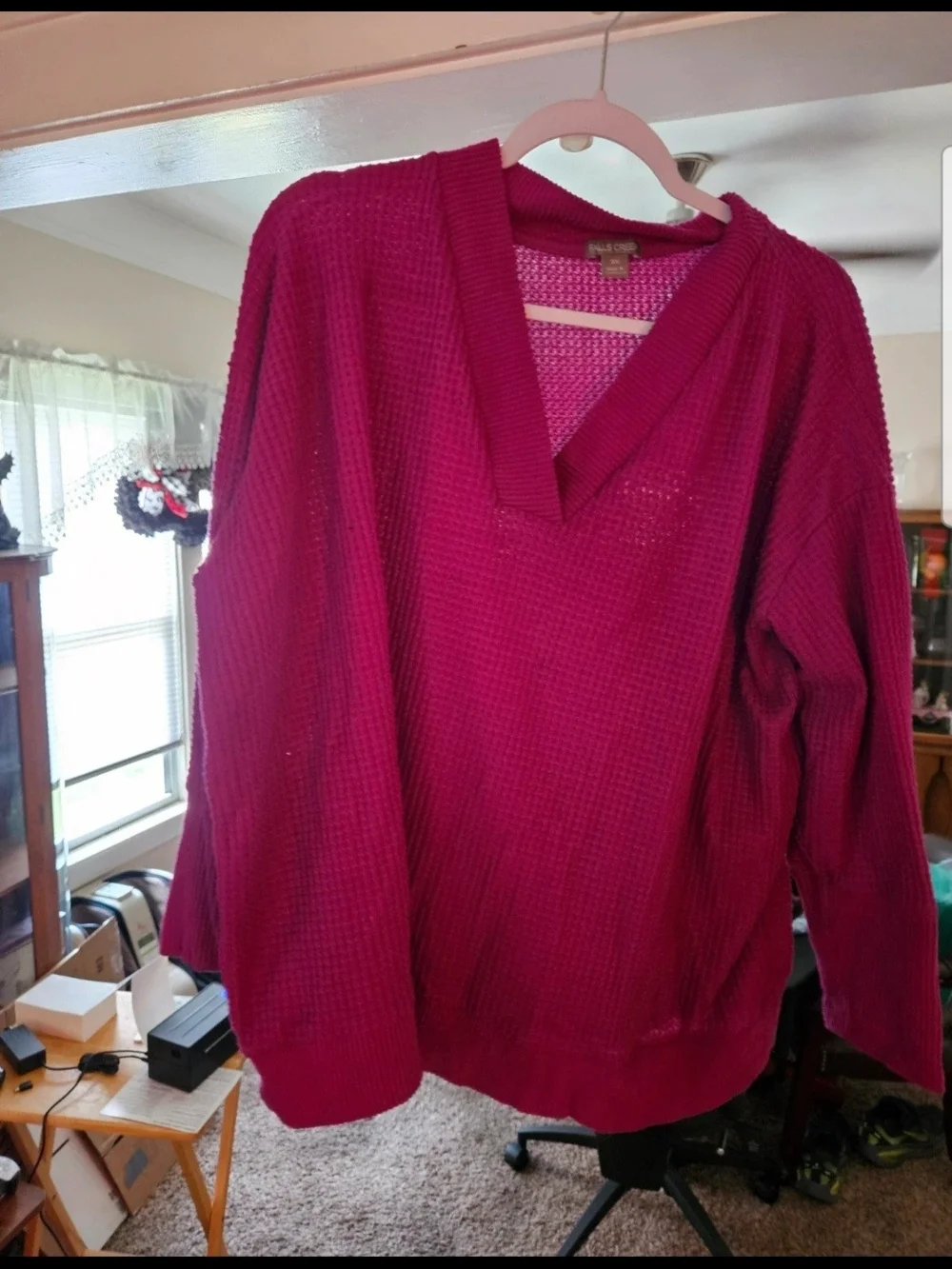Falls Creek Hot Pink V-Neck Waffle Knit Women's Sweater